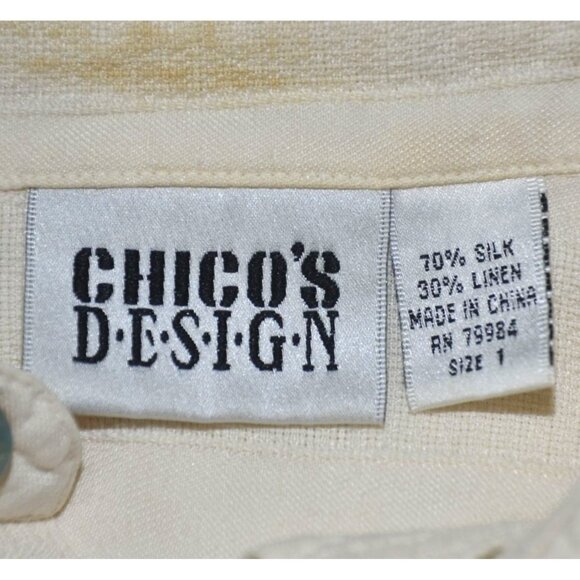 Chico's Ivory Button Up Long Sleeve Blouse Top Size 1 US M Silk Linen Classic - Picture 7 of 8